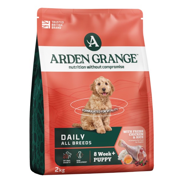 Arden Grange Puppy dry dog food with fresh chicken and rice – complete and balanced nutrition for puppies and junior dogs, available in Greece through Milann Hellas
