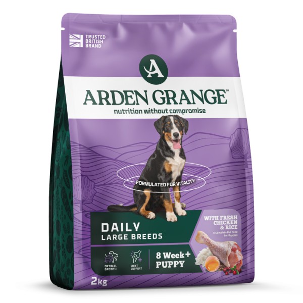 Arden Grange Puppy Large Breed Dry Dog Food with Fresh Chicken & Rice Arden Grange Puppy Large Breed dry dog food with fresh chicken and rice – complete and balanced nutrition for large breed puppies and junior dogs, available in Greece through Milann Hellas