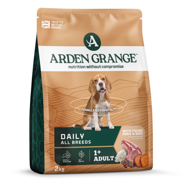 Arden Grange Adult Dry Dog Food with Fresh Pork & Rice Arden Grange Adult dry dog food with fresh pork and rice – complete and balanced nutrition for adult dogs, available in Greece through Milann Hellas