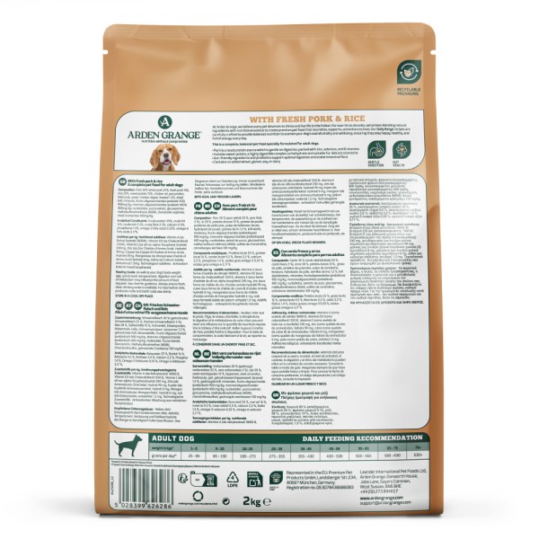 Arden Grange Adult Dry Dog Food with Fresh Pork & Rice Arden Grange Adult dry dog food with fresh pork and rice – complete and balanced nutrition for adult dogs, available in Greece through Milann Hellas