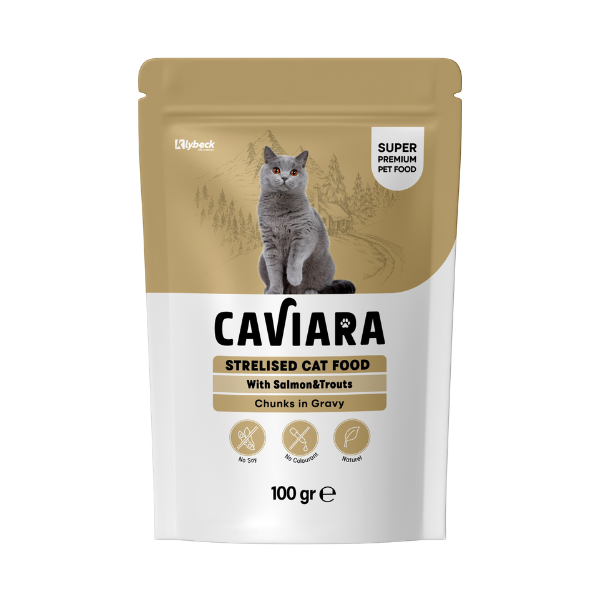 Caviara Complete Wet Cat Food for Sterilised Cats|Pouch with Salmon & Trout in Gravy
